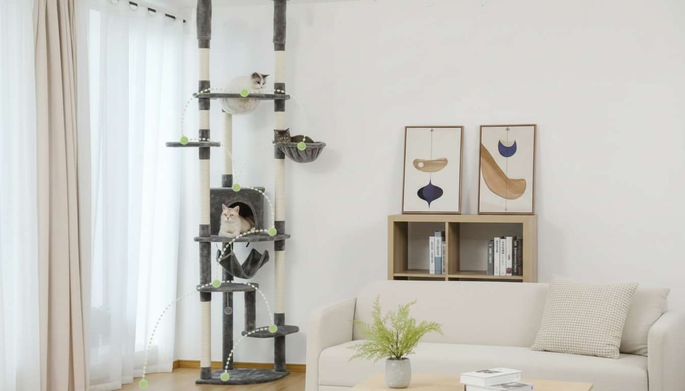 Adjustable Floor-to-Ceiling Cat Tower: Hammock + Condo
