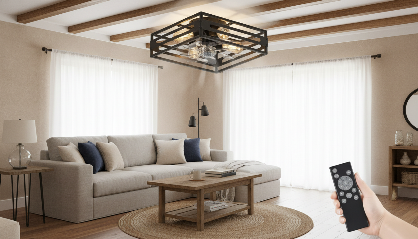 Square Caged Flush Mount Ceiling Fan: Remote, 6-Speed