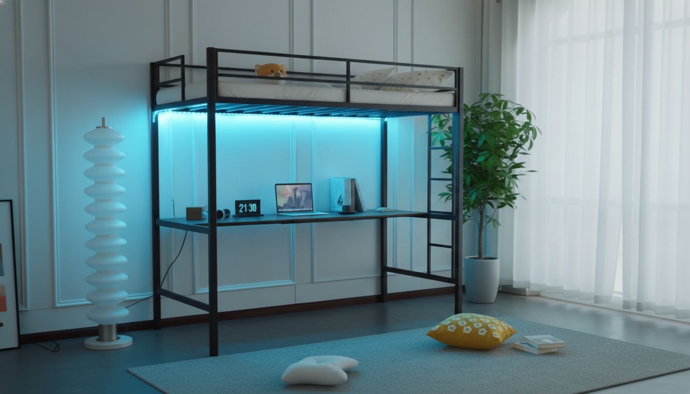 Twin Metal Loft Bed with Desk, LED Lights & Charging