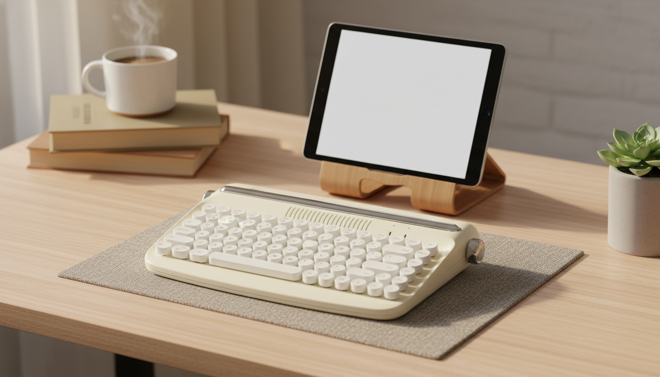 Retro Wireless Typewriter Keyboard w/ Stand & Round Keys