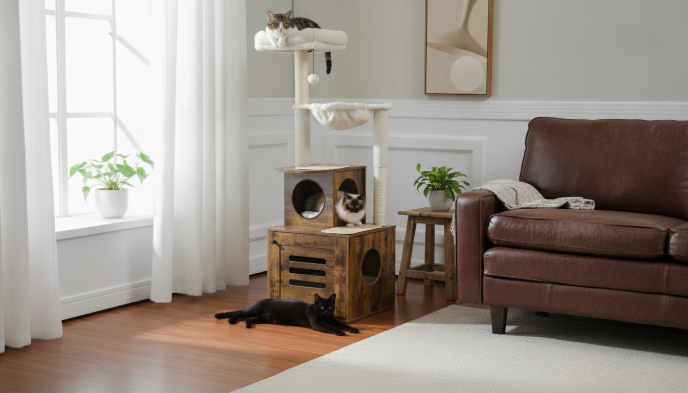 Wooden Cat Tower with Hidden Litter Box & Scratch Posts